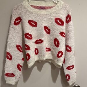 Francesca's Collections White Sweater with Red Lip Pattern